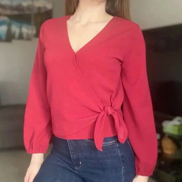 Madewell Texture & Thread Red V Neck Wrap Blouse Top Small - Picture 2 of 4